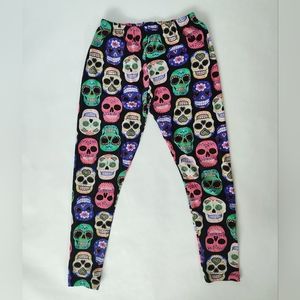 WOMEN'S NO BOUNDARIES med carpi leggings size M sugar skulls yellow blue green